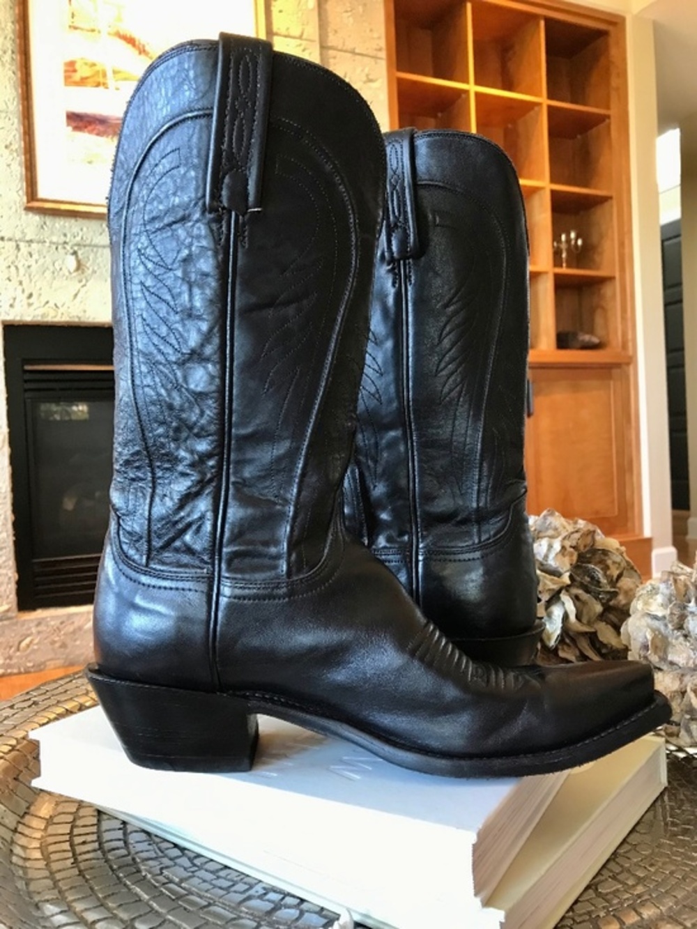 LUCCHESE MODERN COWGIRL CHIC BLACK LEATHER ELEVATED WESTERN SNIP TOE BOOTS - Picture 7 of 14